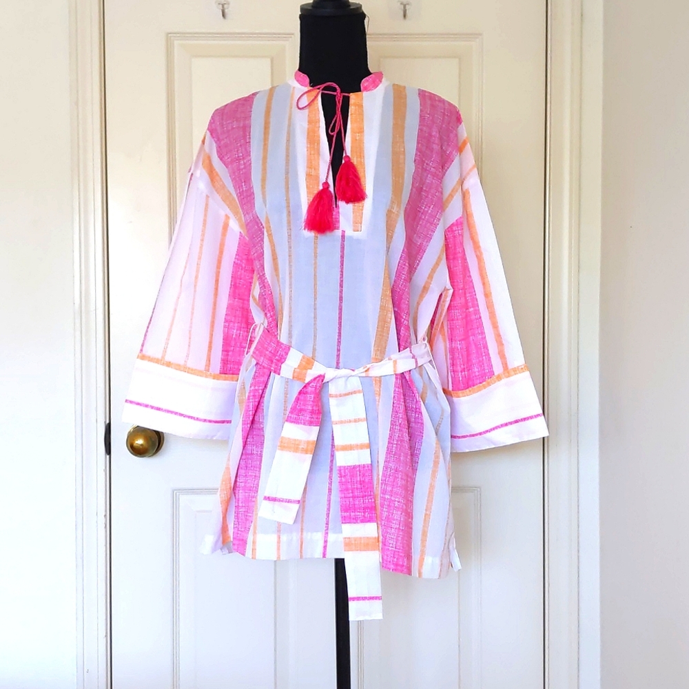 NWOT. H&M Multi Color Stripes Loose Fit Top with long wide sleeve and front tie.